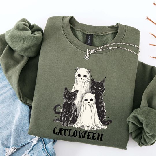 Halloween Cats Sweatshirt, Ghost Cat Halloween Shirt, Black Cat Sweater, Cat Lover T-Shirt, Funny Halloween Sweater