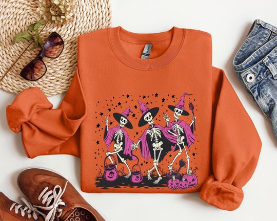 Dancing Skeleton Sweatshirt, Pumpkin Skeleton Fall Sweatshirt, Halloween Party Sweatshirt, Spooky Season Sweatshirt