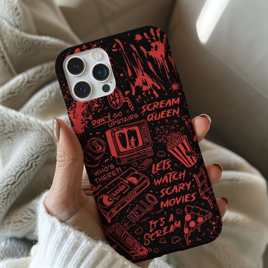 Horror Phone Case for iPhone, Halloween Scream Aesthetic, Spooky Season Collage Black Cell Case