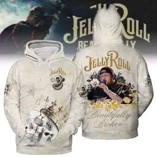 Jelly Roll "Beautifully Broken" Golden Crown 3D Hoodie - A Gift for Fans