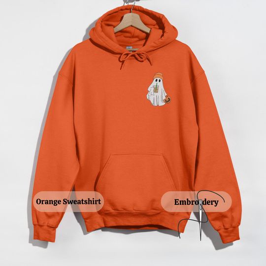 Embroidered Ghost Pumpkin Hoodie - Halloween Coffee Ghost Hoodie, Unisex Cute Ghost Embroidery, Spooky Season