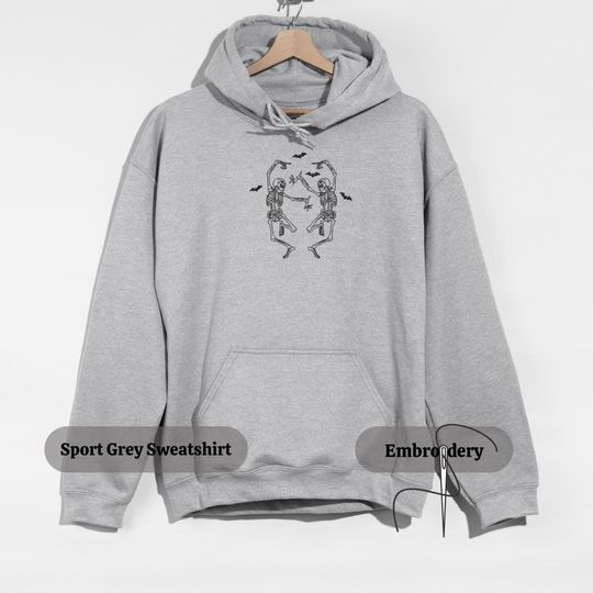 Embroidered Skeleton Dance Hoodie, Halloween Bats and Bones Pullover, Spooky Season Unisex Hoodie