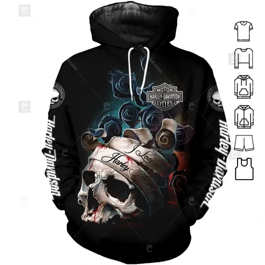 3D Hoodie .H.a.a.r.leyy Davidson Rose Skull Black Floral Graphic