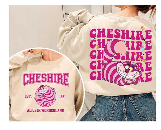 Disney Alice in Wonderland Cheshire Cat Double Sided Sweatshirt, 1951 Portrait, Disney Theme Park Family Shirt