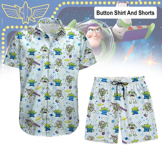 Buzz Lightyear And Alien Button Shirt, Disneyland Trip Shirt, Cartoon Shorts