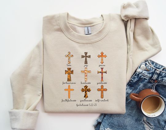 Cross Sweatshirt with Faith Cross Print, Christian Gift, Fall Vibes, Thanksgiving Shirt