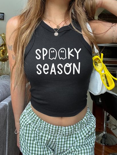 Spooky Season Ghost Racerback Tank Top, Halloween Crop Top, Fall Spooky Apparel, Trick or Treat Outfit