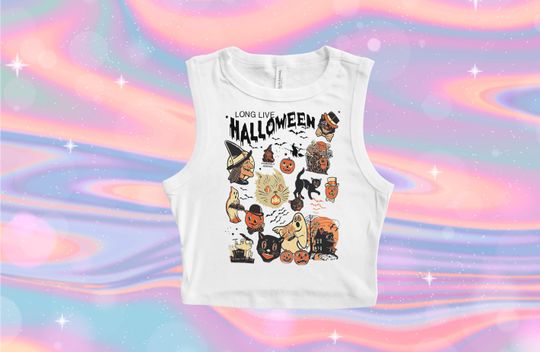 Long Live Halloween Crop Tank Top, Retro Black Cat Ghosts Pumpkins Witches 90s Style