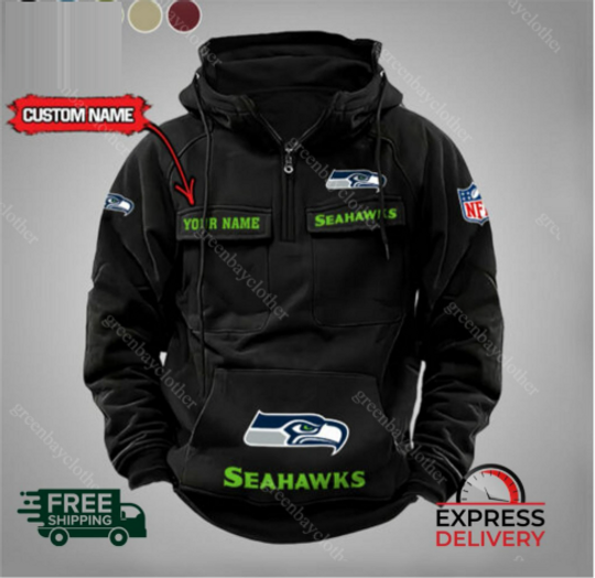 Custom Name Seattle Seahawks Cargo Hoodie, Men Vintage Hoodie