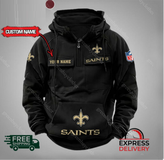 Custom Name New Orleans Saints Cargo Hoodie, Men Vintage Hoodie