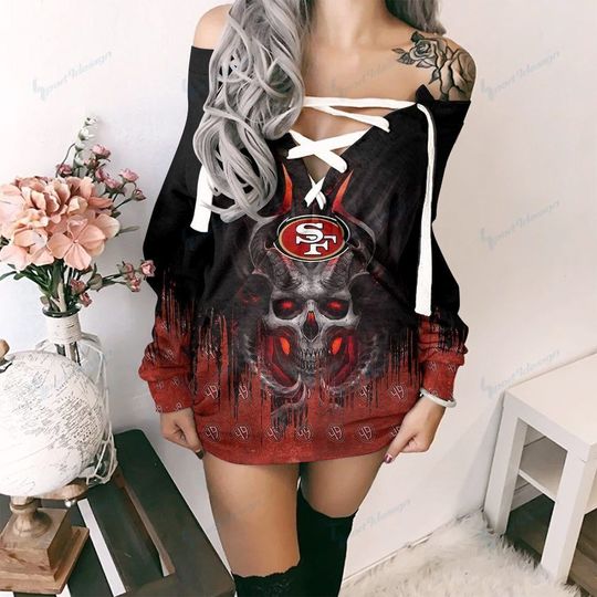 San Francisco 49ers Skull V-Neck Lace Up Sweatshirt Dress