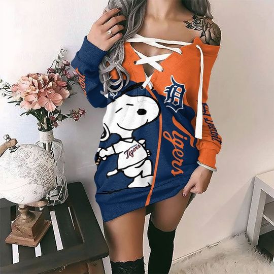 Detroit Tigers V-Neck Lace Up Dress Womens Pullover Sweatshirt Dress Gift