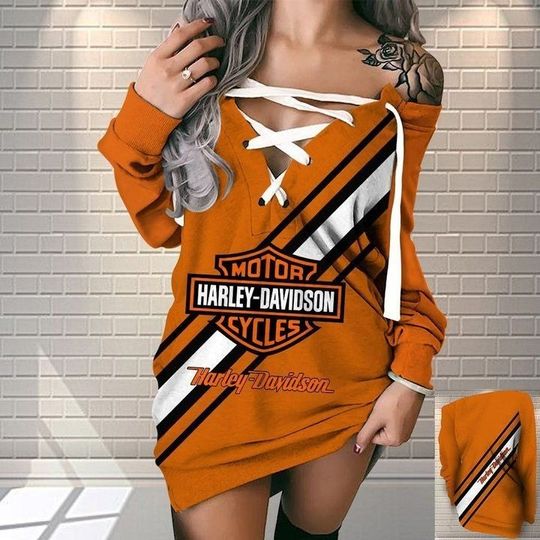 Haarleyy Davidson V-Neck Lace Up Sweatshirt Dress Gift Multi Color