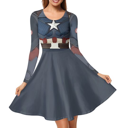 Captain America Woman Plus Size Costume | Avengers Cosplay Dress | Marvel Superhero Long Sleeve Dress(Plus Size)