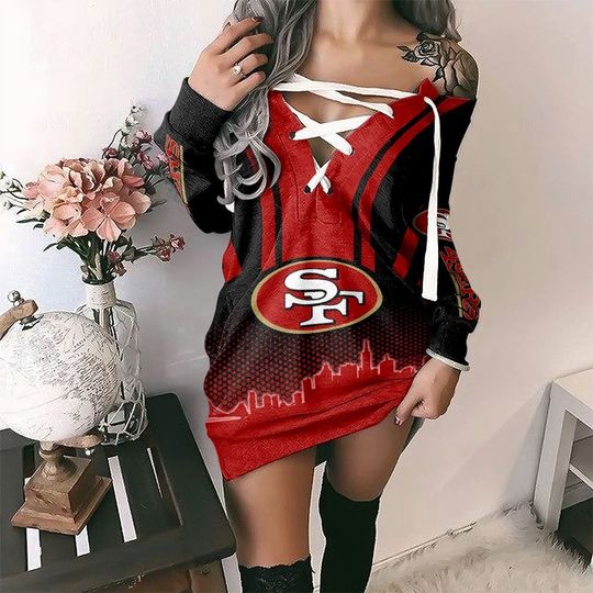 San Francisco 49Ers V-Neck Lace Up Dress Womens Pullover Sweatshirt Dress Gift