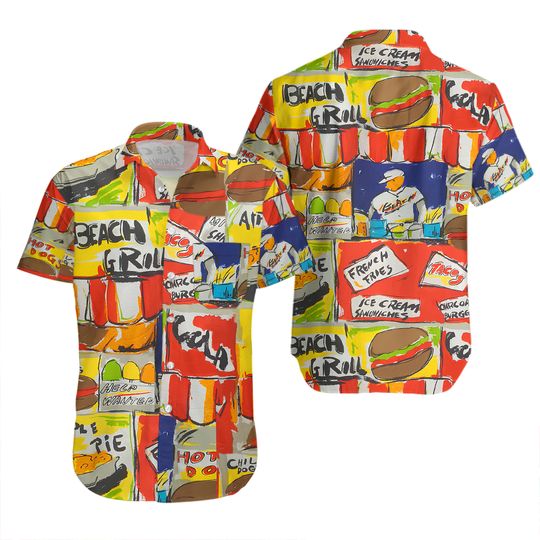 vtg 80s JAMS WORLD SHIRT // vintage jams world large mens rayon beach grill hamburger french fries pop art aop silky hawaiian spring blouse