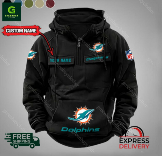 Custom Name Miami Dolphins Cargo Hoodie, Men Vintage Hoodie