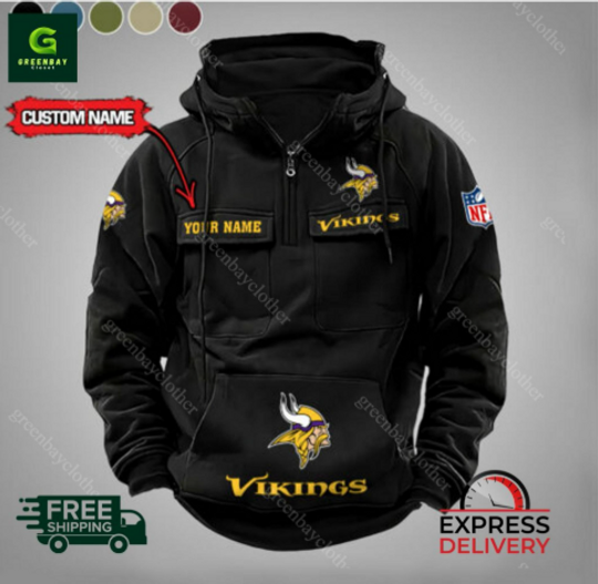 Custom Name Minnesota Vikings Cargo Hoodie, Men Vintage Hoodie