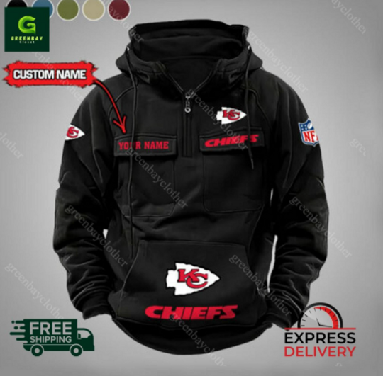 Custom Name Kansas City Chiefs Cargo Hoodie, Men Vintage Hoodie