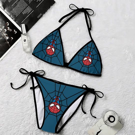 Women Spider Man Triangle Bikini Sets Halter Two Piece Sexy Swimsuit String Tie Side Bathing Suit