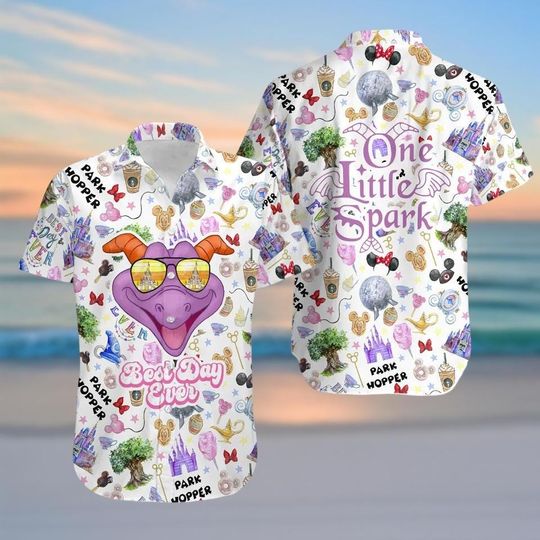 Figment Park Hopper Button Shirt, One Little Spark Hawaiian Shirt, Disney Epcot Beach Shirt Men, Funny Dragon Shirt, Vacation Outfits