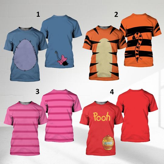 Winnie The Pooh And Friends Group 3D Shirt, Halloween Costume For Family T Shirt, Tigger Piglet Eeyore Animal Cosplay, Family Trip Event Tee