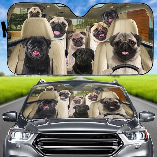 Pug Dog Car Sun Shade, Cute Dog Car Windshield, Funny Car Sun Protector, Animals Love Car Accessories, Car Gifts For Family Trip