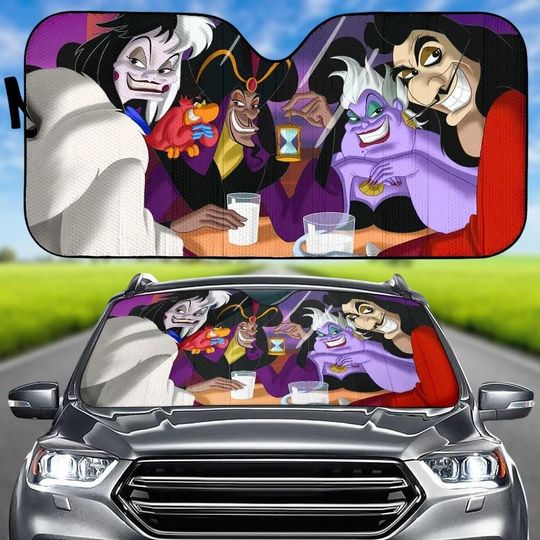 Disney Villains Car Sun Shade, Funny Evil Queen Jafar Ursula Cruella Auto Sunshade, Cartoon Windshield Cover, Halloween Car Accessory