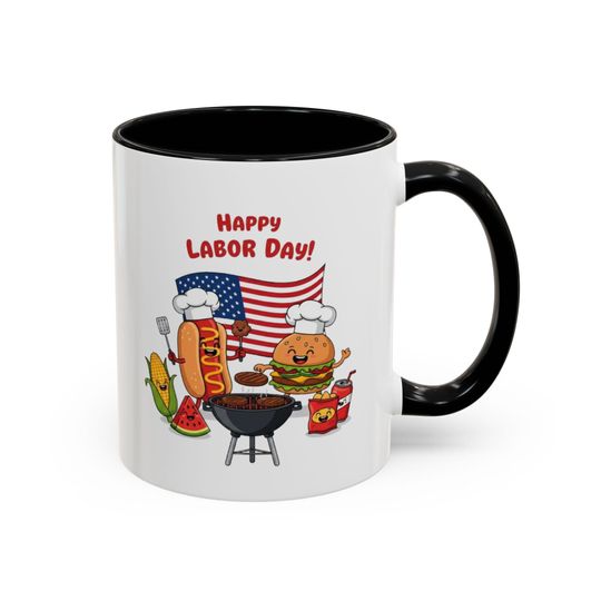 Mug Happy Labor Day  Funny BBQ Coffee Cup with Hot Dog, Burger & American Flag