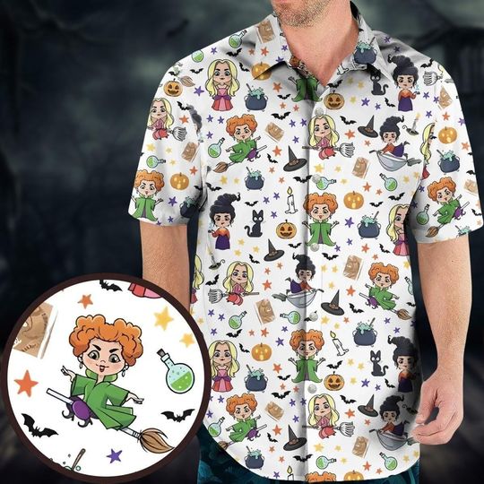 Hocus Pocus Button Shirt, Sanderson Sisters Hawaiian Shirt, Disney Witch Summer Shirt, Trick Or Treat Shirt, Halloween Party Gifts