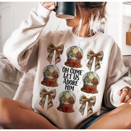 Jesus Christmas Bow Glitter, Nativity Scene, Jesus Cross, Oh Come Let Us Adore Him, Christian Christmas Sweatshirt