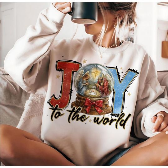 Christian Christmas Sweatshirt Bible Verse Nativity Baby Jesus Joy to the World Oh Holy Night