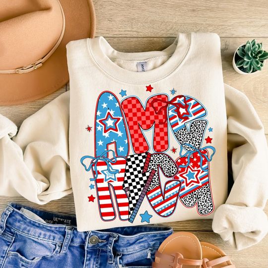 Retro America Flag Girly Sweatshirt, 4th of July Memorial Day Patriotic USA