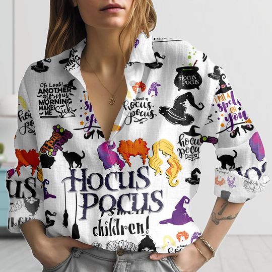 Hocus Pocus Linen-Look Shirt, Sanderson Sisters Blouse Shirt, Witchy Halloween Top