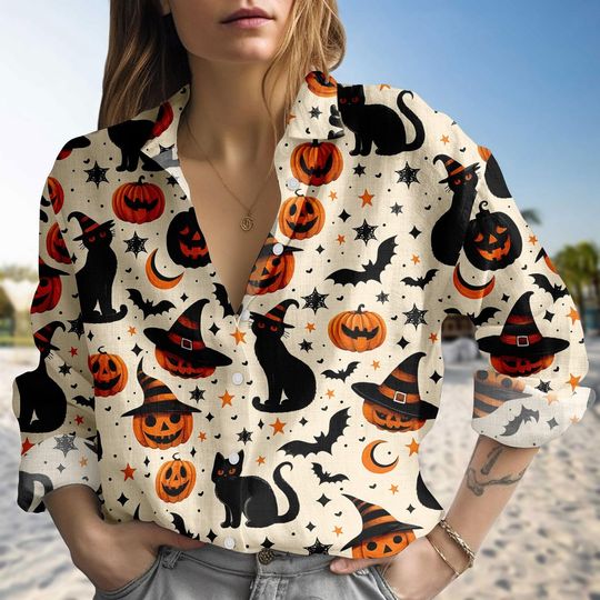 Halloween Black Cat Linen-Look Shirt, Pumpkin Blouse Shirt, Witch Hat Bat Moon Shirt