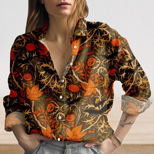 Retro Halloween Pumpkin Linen-Look Shirt, Autumn Leaves Women Shirt, Halloween Gifts