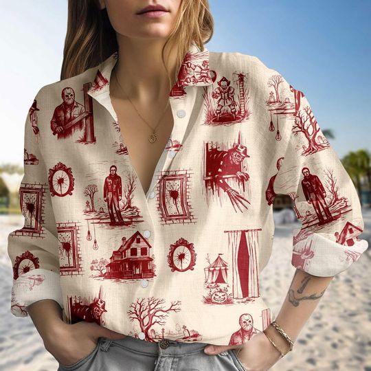 Vintage Horror Blouse Shirt, Halloween Slasher Button Up Top, Spooky Season Tee