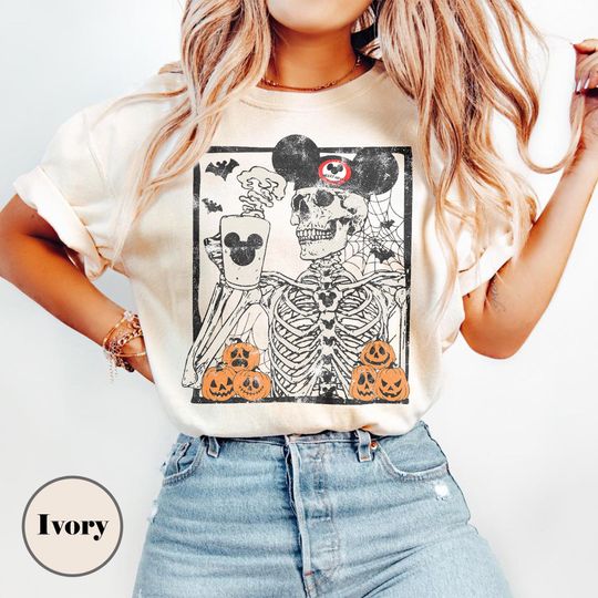 Vintage Mickey Coffee Skeleton Comfort Colors Shirt, Disney Skeleton Tee, Spooky Halloween Disney Shirt,  Halloween Family Vacation 2025 Tee