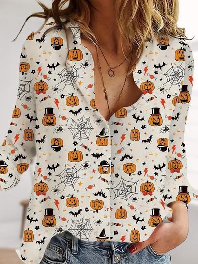 Halloween Pumpkins Linen-Look Shirt, Spooky Season Blouse Shirt, Witchy Spider Tops Women