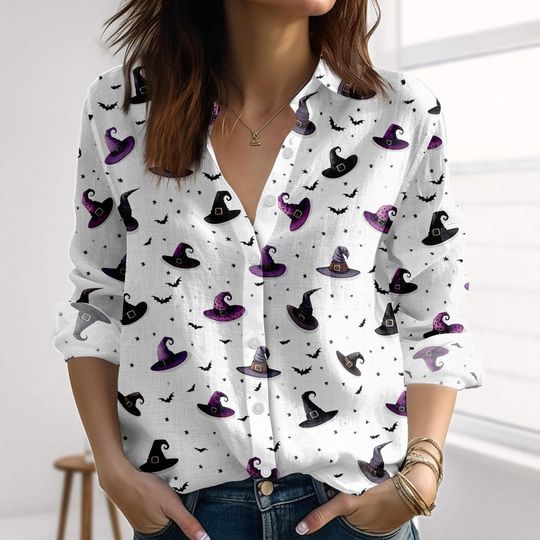 Witch Hat Halloween Linen-Look Shirt, Wizarding World Blouse Shirt, Magical Witchy Shirts