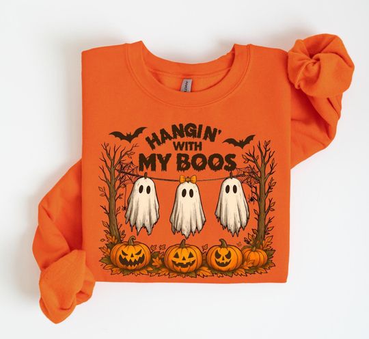 Hangin' With My Boos Halloween Sweatshirt, Ghost & Pumpkin Funny Halloween, Cute Bat & Ghost Sweater