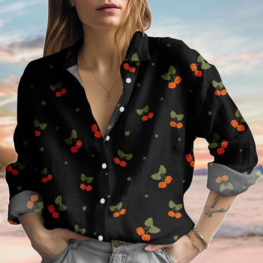 Pumpkin Bow Halloween Linen-Look Shirt, Black Fall Blouse Shirt, Spooky Season Shirt