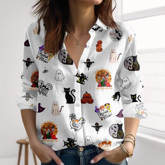 Halloween Mickey And Friends Linen-Look Shirt, Disney Hocus Pocus Women Shirt