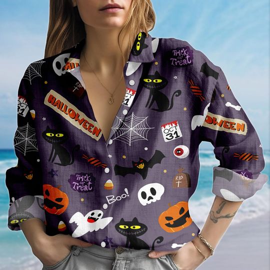 Halloween Black Cat Blouse Shirt, Cute Ghost Women Shirt, Halloween Pumpkin Shirt