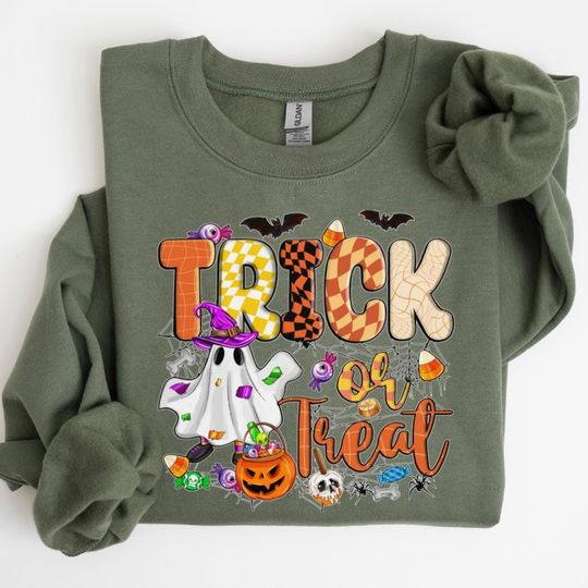 Halloween Trick or Treat Sweatshirt, Halloween Outfits Women, Vintage Halloween Ghost Sweatshirts, Spooky Season Sweater