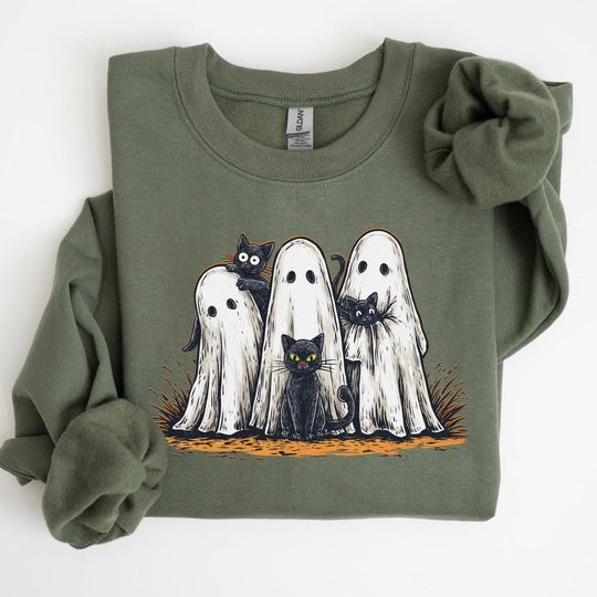 Cat Ghost Patchwork Sweatshirt, Halloween Spooky Sweatshirt, Boo Cat Sweater