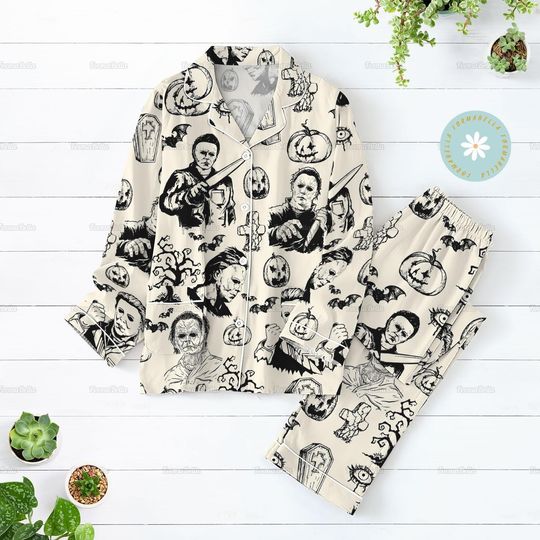 Halloween Michael Myers Pajama Set, Horror Characters PJs, Thriller Pajama Pants, Scary Movie Long Sleeve Sleepwear