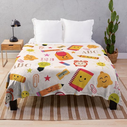Cute Kawaii Back to School Supplies  Throw Blanket