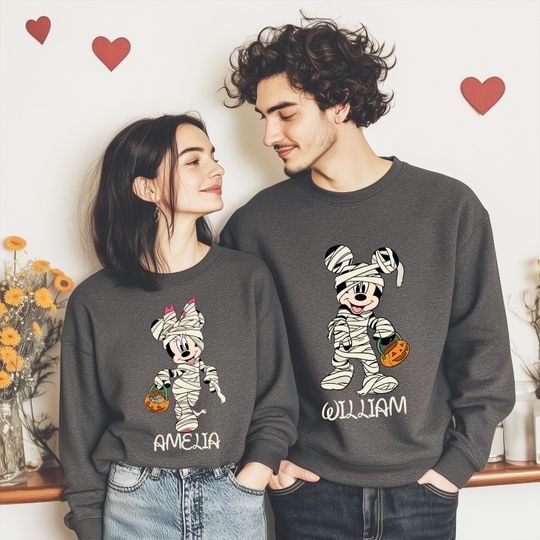 Custom Mickey and Minnie Halloween Sweatshirt & Hoodie, Spooky Matching Shirts for Couple or Family, Personalized Halloween Party Shirt Gift