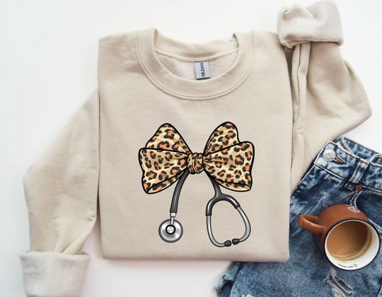 Leopard Stethoscope Sweatshirt, Coquette Bow Nurse Sweatshirt, Nurse Stethoscope Sweatshirt, Gift for Nurse
